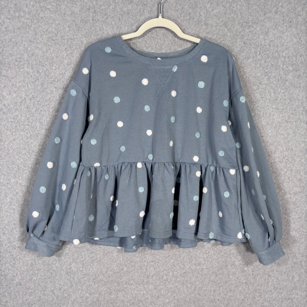 Blu Pepper‎ Babydoll Polka Dot Peplum Sweatshirt Large Cute Fuzzy Pastel Quirky